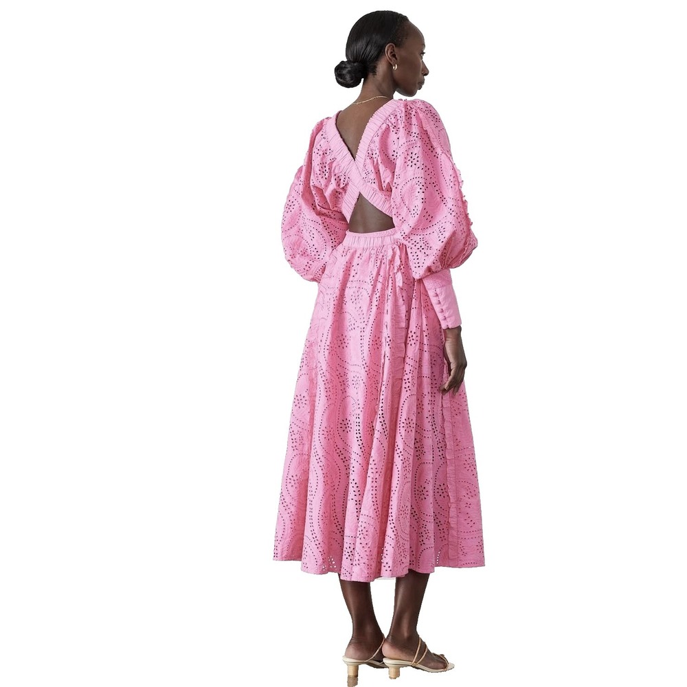 Joslin Saskia Pink‎ Cotton Broiderie Midi Dress US 2 Puff Sleeves Dahlia Pink